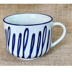 White w Blue Squiggly Lines Cappuccino Mug Cup Ceramic Artsy Whimsical Playful